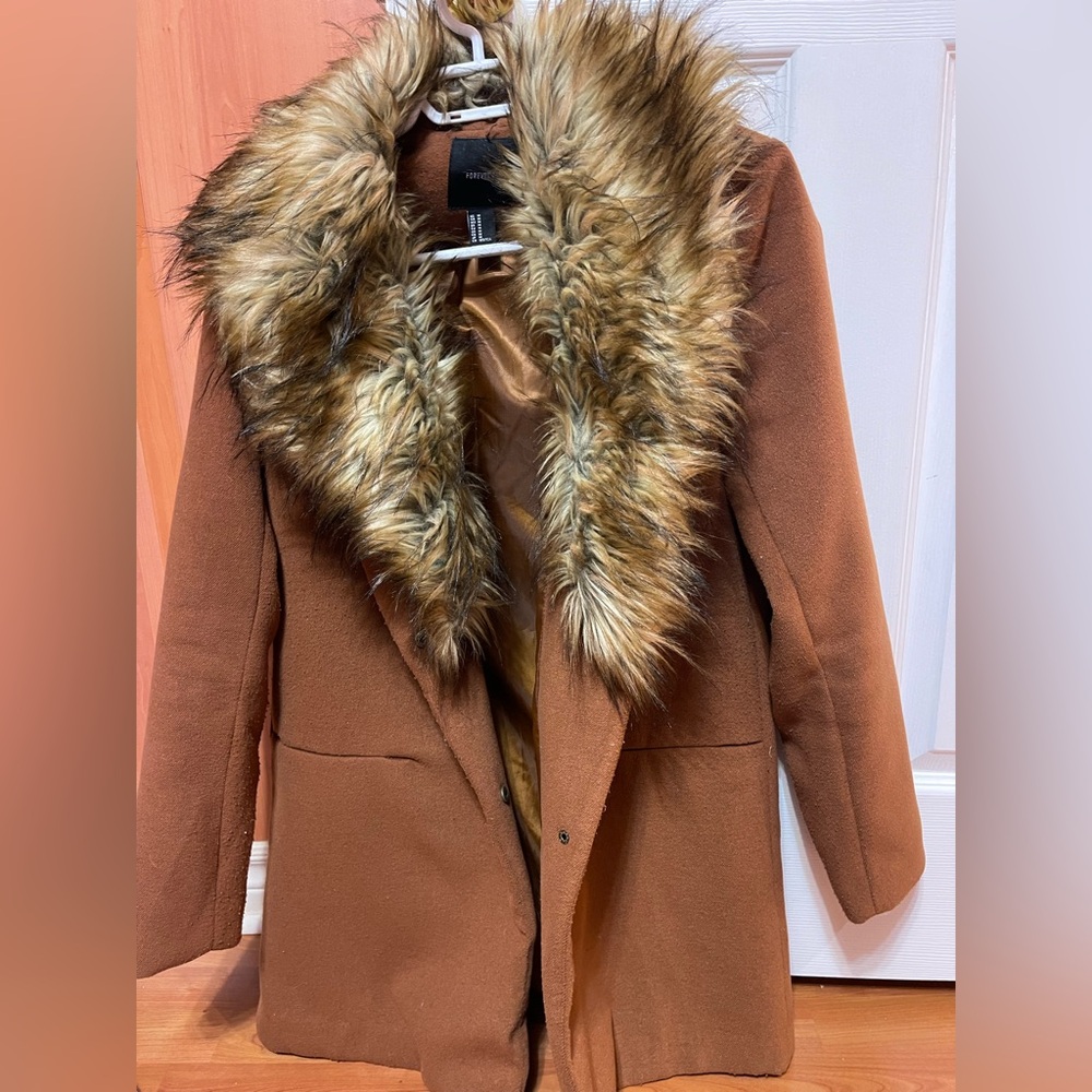 Forever 21 Tan Teddy Jacket with Faux Fur Collar